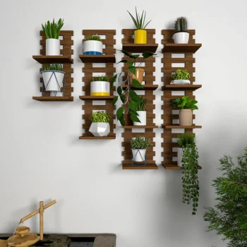 Designer Unique Pattern Dark Walnut Planter Shelves Set of 4 with modern wall-mounted design.