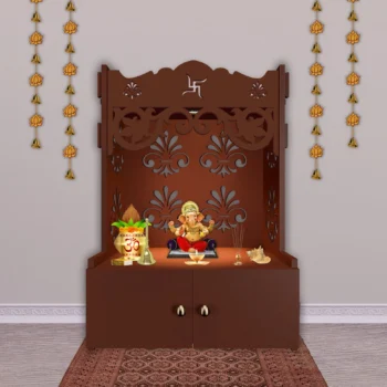 Floral Designer Pattern Floor Temple with Spacious Wooden Shelf and Integrated LED Spotlight in Brown Finish, ideal for spiritual decor.