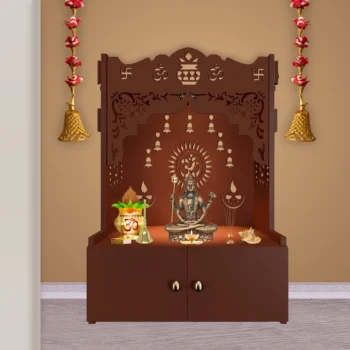 SGK Printers Om Chakra Wooden Floor Temple with Spacious Shelf & Inbuilt Focus Light - Brown Finish, handcrafted by Shri Guru Kripa Printers.