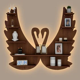 Loving Swan Backlit Designer Wooden Wall Shelf in Walnut Finish, Elegant and Functional Shelf Perfect for Books, Decor, and Night Light, Crafted by Local Artisans with Soft LED Lighting.