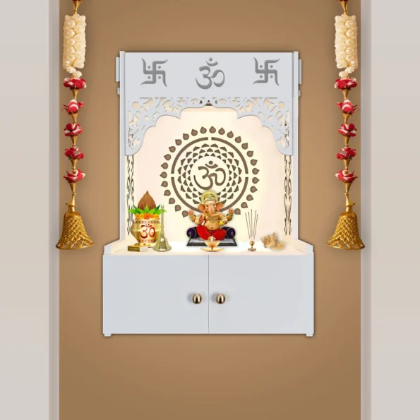 White Wooden Temple with Om Chakra Design, Inbuilt Focus Light, and Spacious Shelf