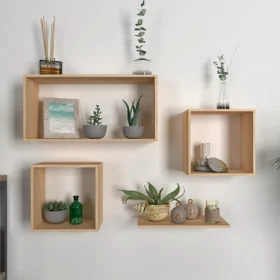 Modern Classic Four Wall Shelved Organizer in Light Oak Finish by SGK Printers. Stylish, space-saving shelving unit with four spacious shelves. Ideal for modern home and office storage, perfect for displaying books, plants, and decor items.