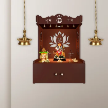 Elegant Brown MDF Wooden Wall Mounted Temple with Lotus Design and Inbuilt Focus Lights