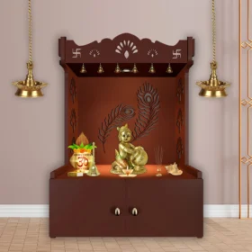 SGK Printers Premium Mor Pankh Wooden Floor Temple with Spacious Shelf & Inbuilt Focus Light – Brown Finish, handcrafted by Shri Guru Kripa Printers. main