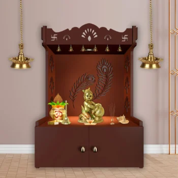 SGK Printers Premium Mor Pankh Wooden Floor Temple with Spacious Shelf & Inbuilt Focus Light - Brown Finish, handcrafted by Shri Guru Kripa Printers.