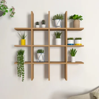 Abstract Shape Backlit Wooden Wall Shelf in Walnut Finish