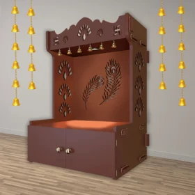 SGK Printers Premium Mor Pankh Wooden Floor Temple with Spacious Shelf & Inbuilt Focus Light – Brown Finish, handcrafted by Shri Guru Kripa Printers. main