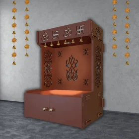 main SGK Printers OM Swastika Wooden Floor Temple with Spacious Shelf & Inbuilt Focus Light – Brown Finish, handcrafted by Shri Guru Kripa Printers.