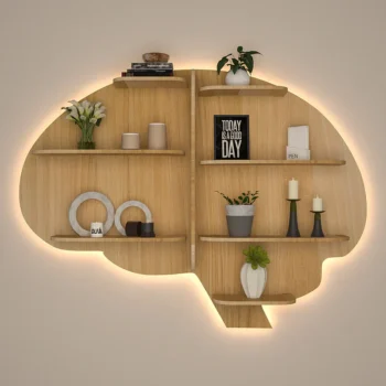 Brain Shape Backlit Wooden Wall Shelf in light oak finish with built-in LED night light.