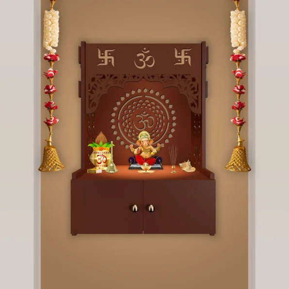 Brown Wooden Temple with Om Chakra Design, Inbuilt Focus Light, and Spacious Shelf