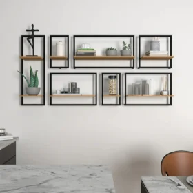 Decorative Metal Framed Wall Shelves in Urban Motif Set of 7 with modern industrial design.