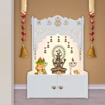 Elegant Om Chakra Floor Temple with Spacious Wooden Shelf and Integrated LED Spotlight in White Finish, perfect for spiritual decor.