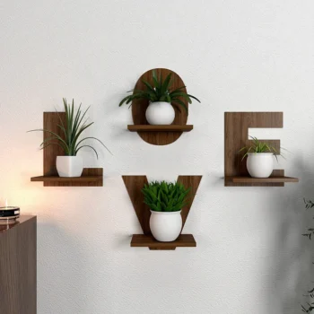 Elegant Wood Craft Alphabet Walnut Wall Planter Shelves - Set of 4 from SGK Printers, Creative Wall Shelving Solution for Plants and Decorative Items, Handmade Wooden Shelves with Rustic Walnut Finish.