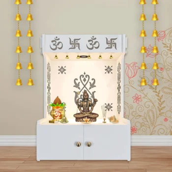 OM Swastika Symbol Hindu Religious Floor Temple with Spacious Wooden Shelf and Integrated LED Spotlight in White Finish, ideal for spiritual decor.