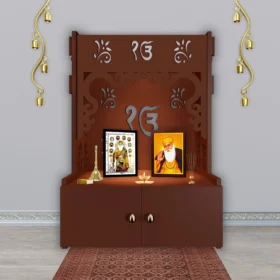 Ek-onkar Holy Symbol Floor Temple with Spacious Wooden Shelf and Integrated LED Spotlight in Brown Finish, ideal for spiritual decor.