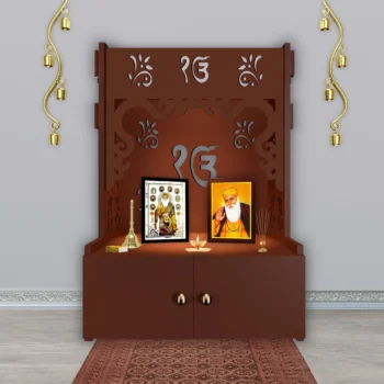 Ek-onkar Holy Symbol Floor Temple with Spacious Wooden Shelf and Integrated LED Spotlight in Brown Finish, ideal for spiritual decor.