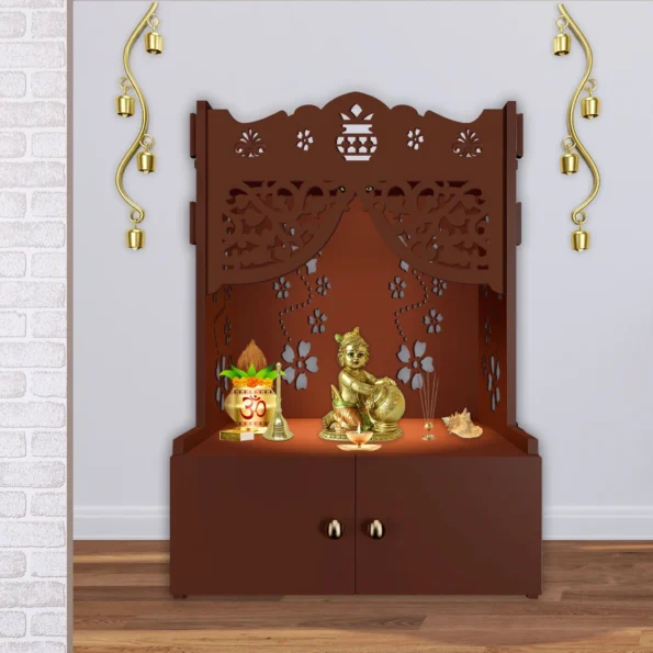 Beautiful Flower Design Pattern Floor Temple with Spacious Wooden Shelf and Integrated LED Spotlight in Brown Finish, ideal for spiritual decor.