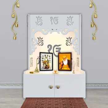 Ek-onkar Holy Symbol Floor Temple with Spacious Wooden Shelf and Integrated LED Spotlight in White Finish, ideal for spiritual decor.