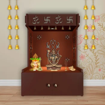 SGK Printers OM Swastika Wooden Floor Temple with Spacious Shelf & Inbuilt Focus Light - Brown Finish, handcrafted by Shri Guru Kripa Printers.