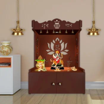 Beautiful Lotus Pattern Floor Temple with Spacious Wooden Shelf and Integrated LED Spotlight in Brown Finish, perfect for spiritual decor.