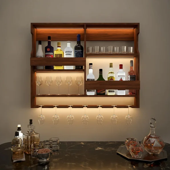 Luxurious Backlit Walnut Finished Mini Bar Shelf