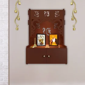 Brown Wooden Wall Temple with Ek-Onkar Symbol, Inbuilt Focus Lights, and Spacious Shelf