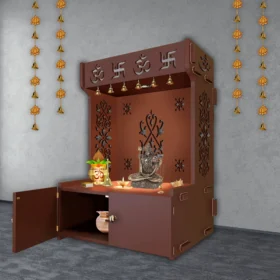 main SGK Printers OM Swastika Wooden Floor Temple with Spacious Shelf & Inbuilt Focus Light – Brown Finish, handcrafted by Shri Guru Kripa Printers.