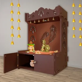 SGK Printers Premium Mor Pankh Wooden Floor Temple with Spacious Shelf & Inbuilt Focus Light – Brown Finish, handcrafted by Shri Guru Kripa Printers. main