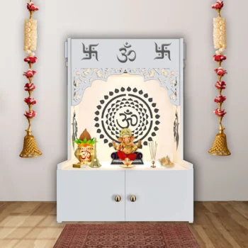 Designer Om Chakra Floor Temple with Spacious Wooden Shelf and Integrated LED Spotlight in White Finish, ideal for spiritual decor.