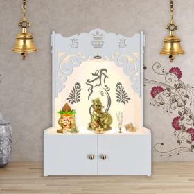 Beautifully Designed Shri Ganesh Floor Temple with Spacious Wooden Shelf and Integrated LED Spotlight in White Finish, ideal for spiritual decor.