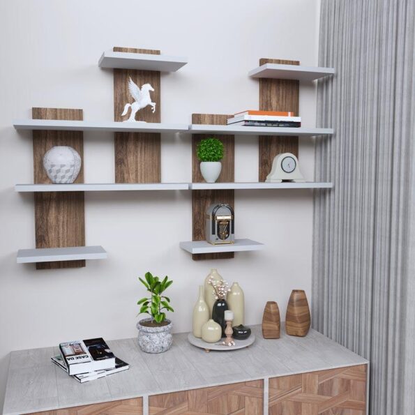 Classic Wooden Multipurpose Stand with Storage Shelves by SGK Printers. A versatile wooden stand with multiple storage shelves, ideal for organizing books, decor, and kitchenware in modern and rustic interiors.