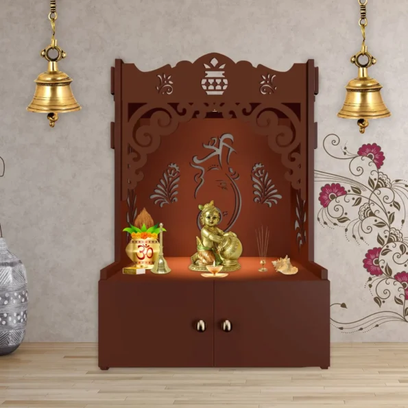 Beautiful Design of Shri Ganesh Floor Temple with Spacious Wooden Shelf and Integrated LED Spotlight in Brown Finish, ideal for religious worship and home decor.