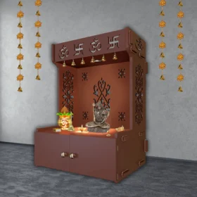 main SGK Printers OM Swastika Wooden Floor Temple with Spacious Shelf & Inbuilt Focus Light – Brown Finish, handcrafted by Shri Guru Kripa Printers.