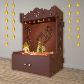 SGK Printers Premium Mor Pankh Wooden Floor Temple with Spacious Shelf & Inbuilt Focus Light – Brown Finish, handcrafted by Shri Guru Kripa Printers. main