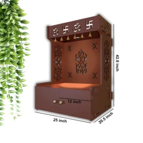 main SGK Printers OM Swastika Wooden Floor Temple with Spacious Shelf & Inbuilt Focus Light – Brown Finish, handcrafted by Shri Guru Kripa Printers.