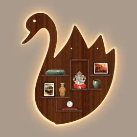 Designer Swan Shape Backlit Wooden LED Light Wall Shelf with Walnut Finish