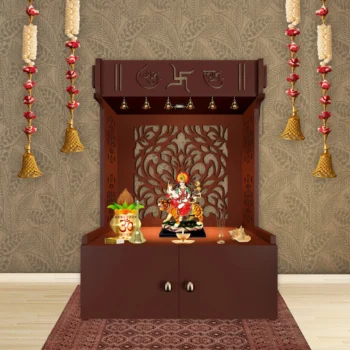 Designer Intricate Jali Design Pattern Floor Temple with Spacious Wooden Shelf and Integrated LED Spotlight in Brown Finish, ideal for spiritual decor