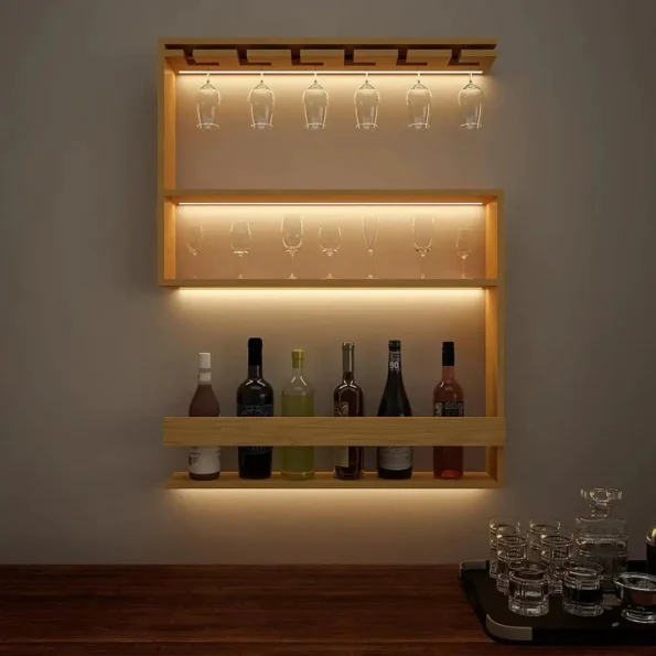 Modern Design Backlit MDF Mini Bar Wall Shelf in Light Oak Finish, perfect for stylish home bar decor, wall-mounted storage solutions, elegant display of drinks and glassware, contemporary interior design accessory, LED backlit shelves for enhanced ambiance, functional and decorative MDF shelf for living room and dining areas.