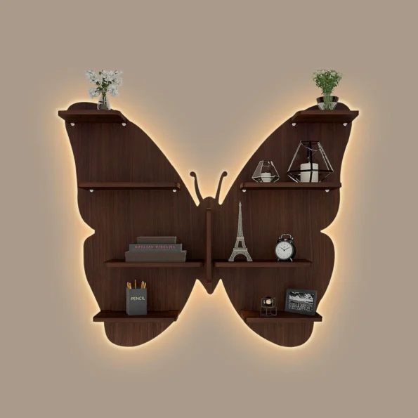 Butterfly Shape Backlit Designer Wooden Wall Shelf in walnut finish with built-in LED night light.